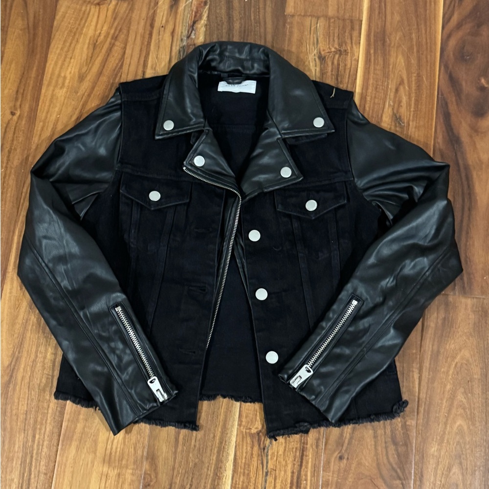 Black Leather/denim mixed media Women's Jacket